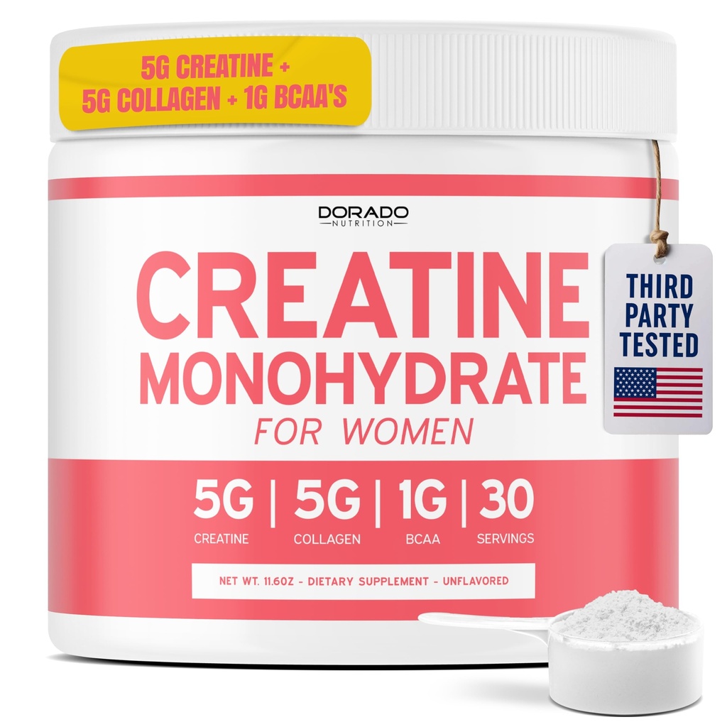 Creatine for Women | Creatine Monohydrate Powder 5G + 5000mg Collagen + 1000mg BCAA 2:1:1 Powder (30 Serving) Support Glutes, Lean Muscles, Recovery, Energy & Stamina Non-GMO, Gluten Free - USA Made