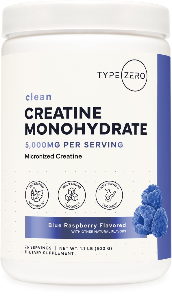 Type Zero Creatine Monohydrate Powder 500 Grams, Blue Raspberry Flavor - Gluten-Free