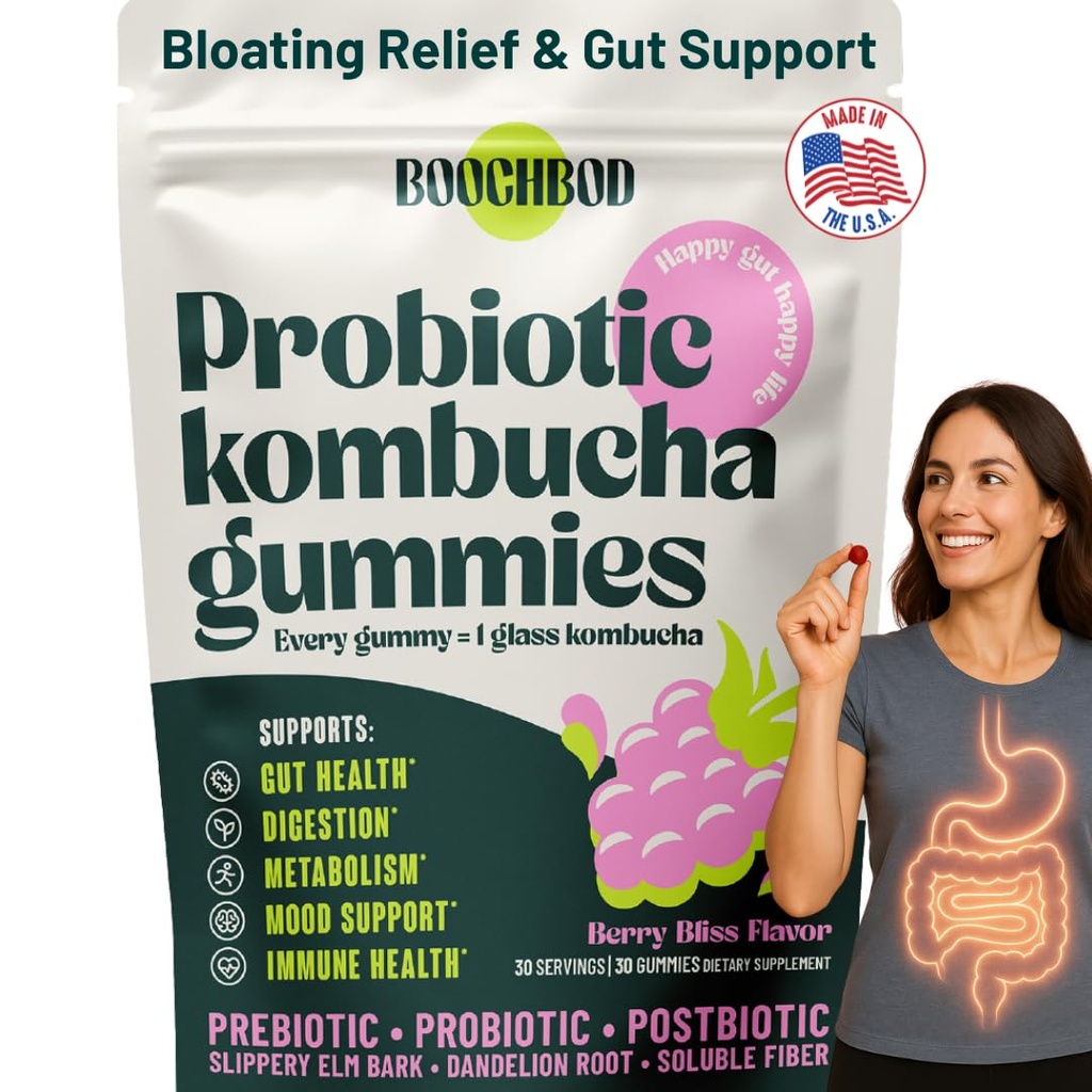 BoochBod - Probiotic Kombucha Gummy - Prebiotics, Probiotics, Postbiotics, Fiber Supplement, Slippery Elm, Dandelion Root, MCT Oil, for Bloating, Gut Health - Probiotics for Women and Men