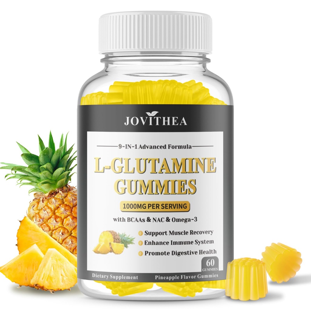 L-Glutamine Gummies 1000mg, Glutamine Supplement for Women & Men, with BCAAs, Magnesium & NAC, Support Gut, Muscle Health & Immunity, Vegan, Non-GMO, Gluten Free, Keto Friendly,Pineapple Flav, 60Ct