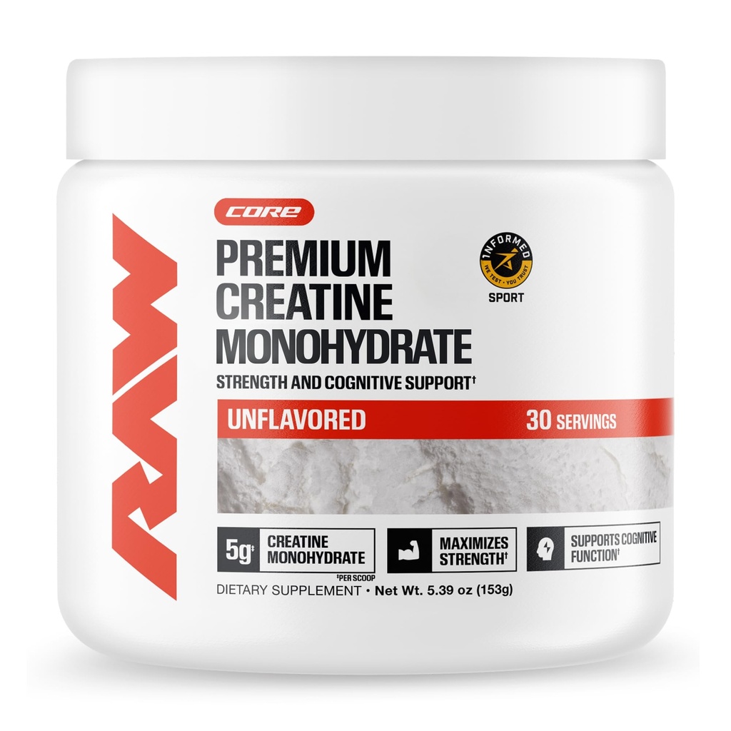 RAW Nutrition Creatine Monohydrate Powder, Unflavored, 30 Servings