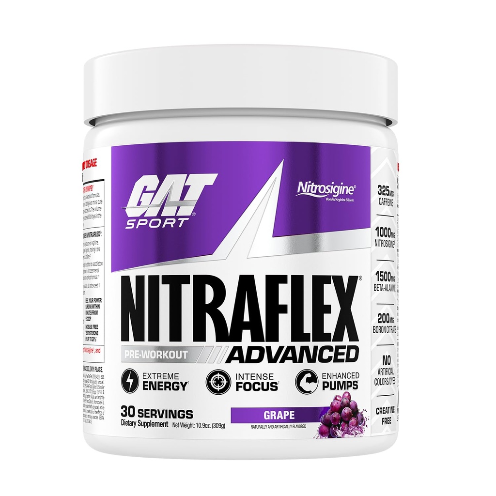GAT SPORT, Nitraflex Advanced Pre-Workout Powder, Increases Blood Flow, Boosts Strength and Energy, Improves Exercise Performance (Grape, 30 Servings)