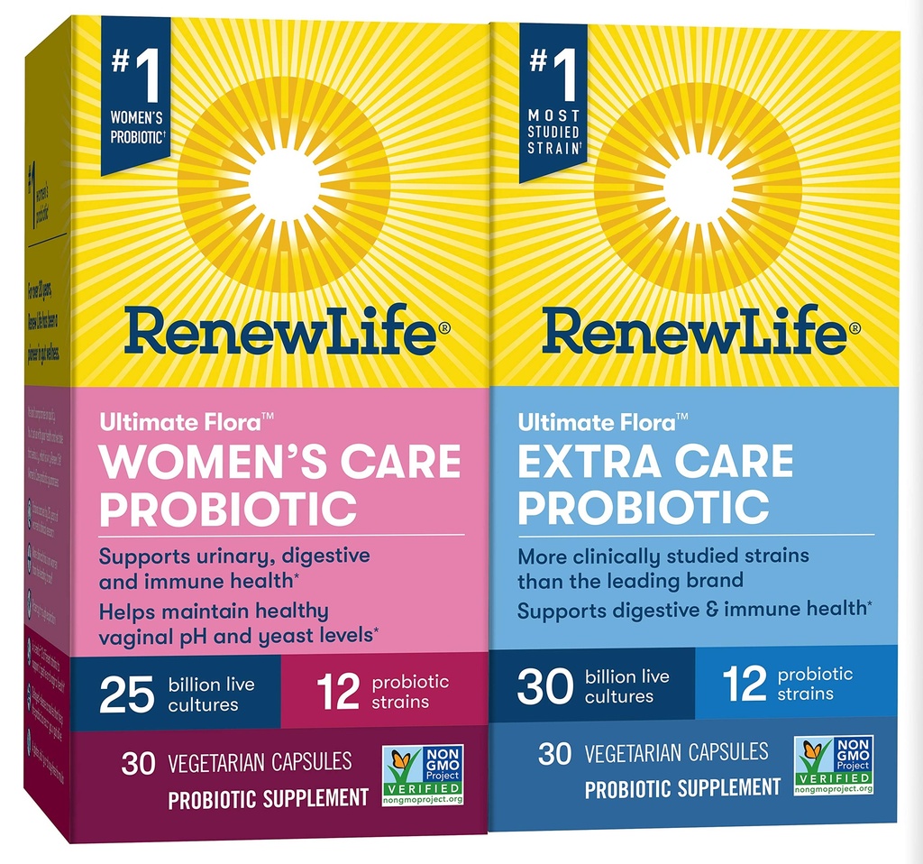 Renew Life Adult Probiotic Supplement Bundle Pack - Women's Care 25B and Extra Care 30B, 30 Count (Pack of 2)