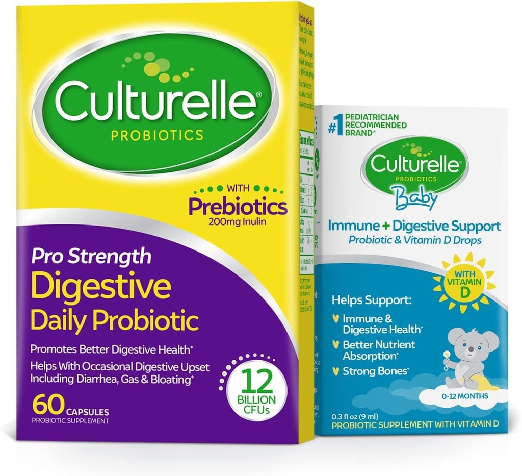 Culturelle Pro Strength Daily Probiotic Capsules, Probiotics for Men & Women 60 Count, 2 months + Culturelle Baby Immune & Digestive Support Probiotic + Vitamin D Drops 0-12 Months, 30 Day Supply, 9ml