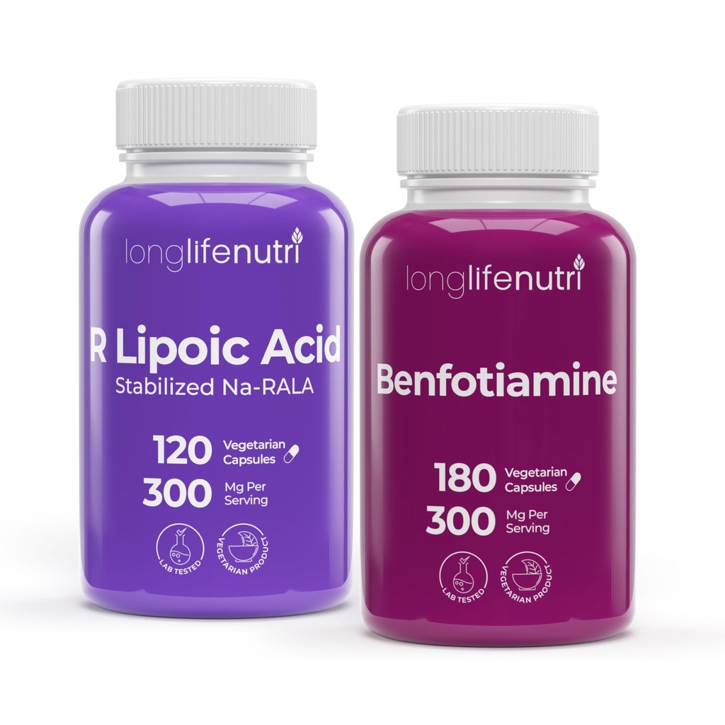 LongLifeNutri Bundle Benfotiamine 300 mg, 180 caps + R‑Alpha Lipoic Acid 300 mg, 120 caps – Dual Nerve, Blood‑Sugar & Cellular Energy Support – Non‑GMO, Made in USA