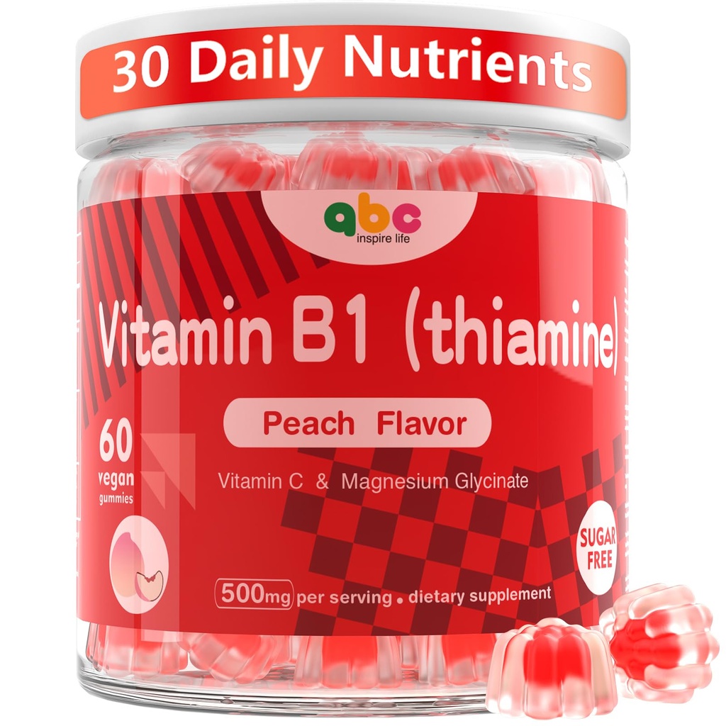 Vitamin B1 Gummies 300mg for Adults & Kids,Chewable Thiamine B1 Supplement with 150mg Magnesium,Nervous System Healthy Energy,Natural Peach Flavor,Non GMO,Vegan 60 Count Sugar-Free 1-Month Supply