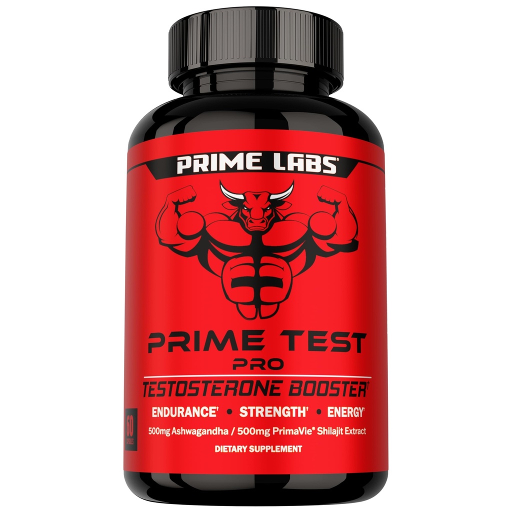 Prime Labs Prime Test Pro - Testosterone Supplement for Men - Test, Vitality, & Energy Booster - with Ashwagandha, PrimaVie Shilajit Extract, & DIM - 60 Capsules