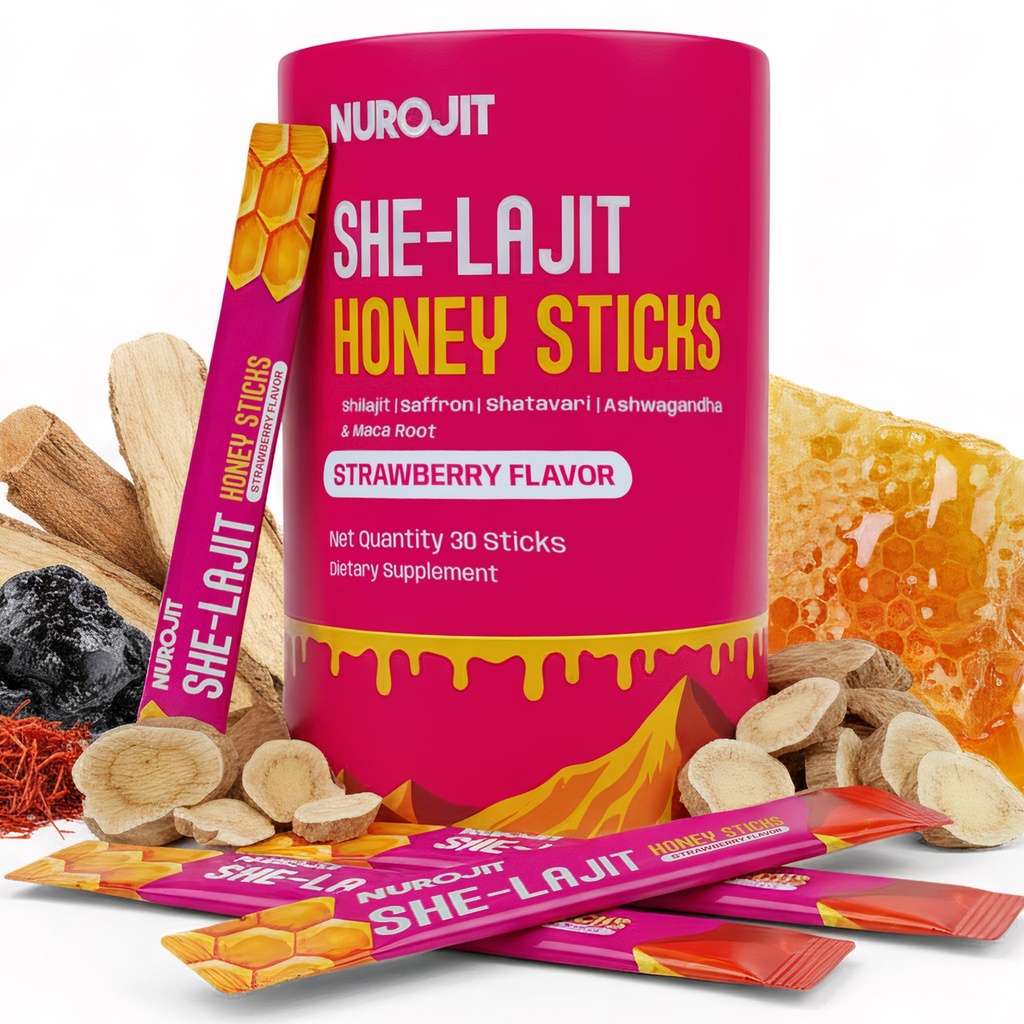 Nurojit She-lajit Honey Sticks Shilajit, Honey, Shatavari, Saffron, Ashwagandha & Maca Root, Lab Tested & Vegetarian, Single-Serve Honey Sticks for Daily Routine, Strawberry Flavor (30 Sticks)