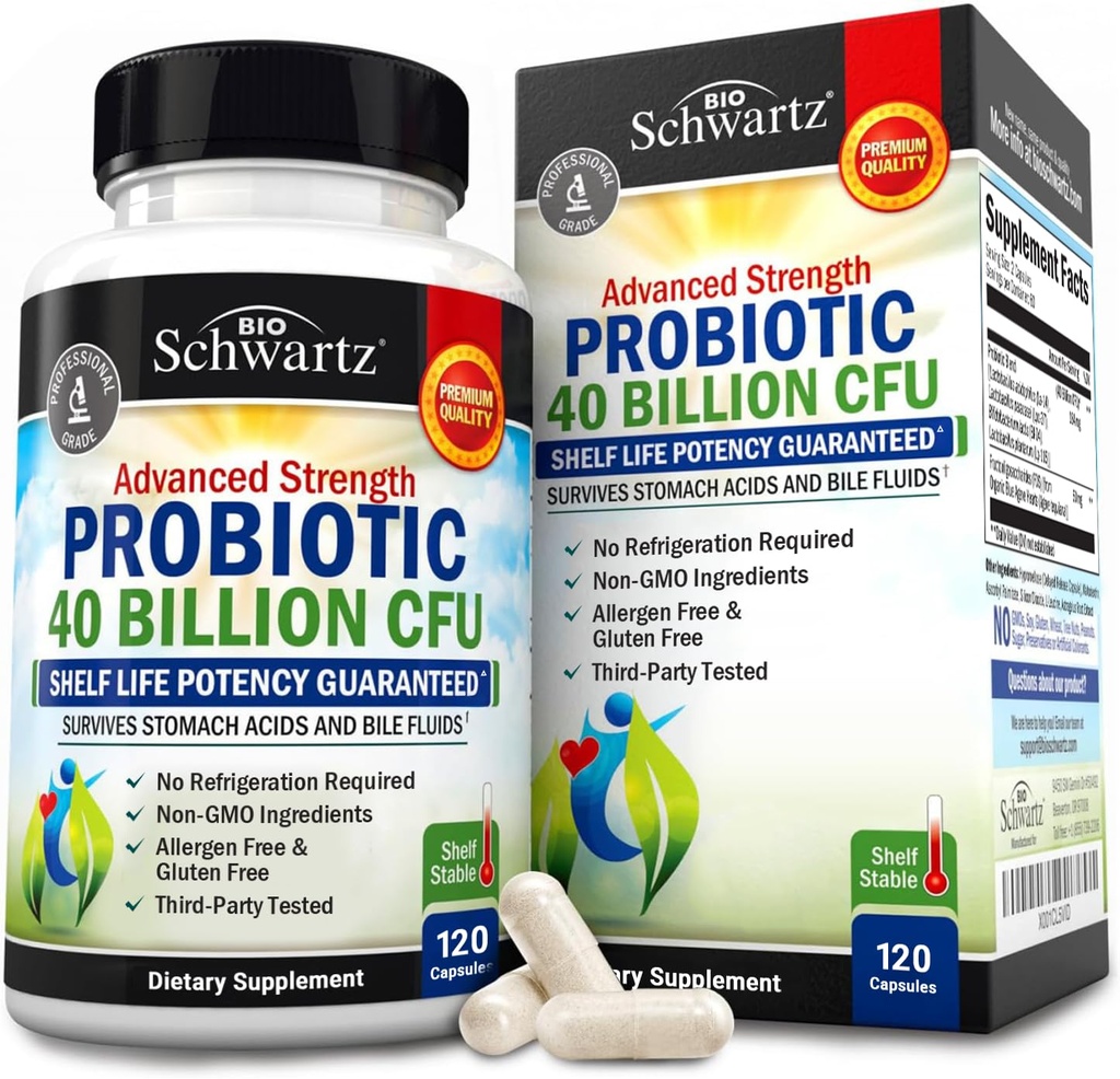 BioSchwartz Daily Probiotic Nutritional Supplement - 40 Billion CFU for Gut Health - Probiotics for Men and Women - Digestive Health with Astragalus & Lactobacillus - Shelf Stable - 120 Count
