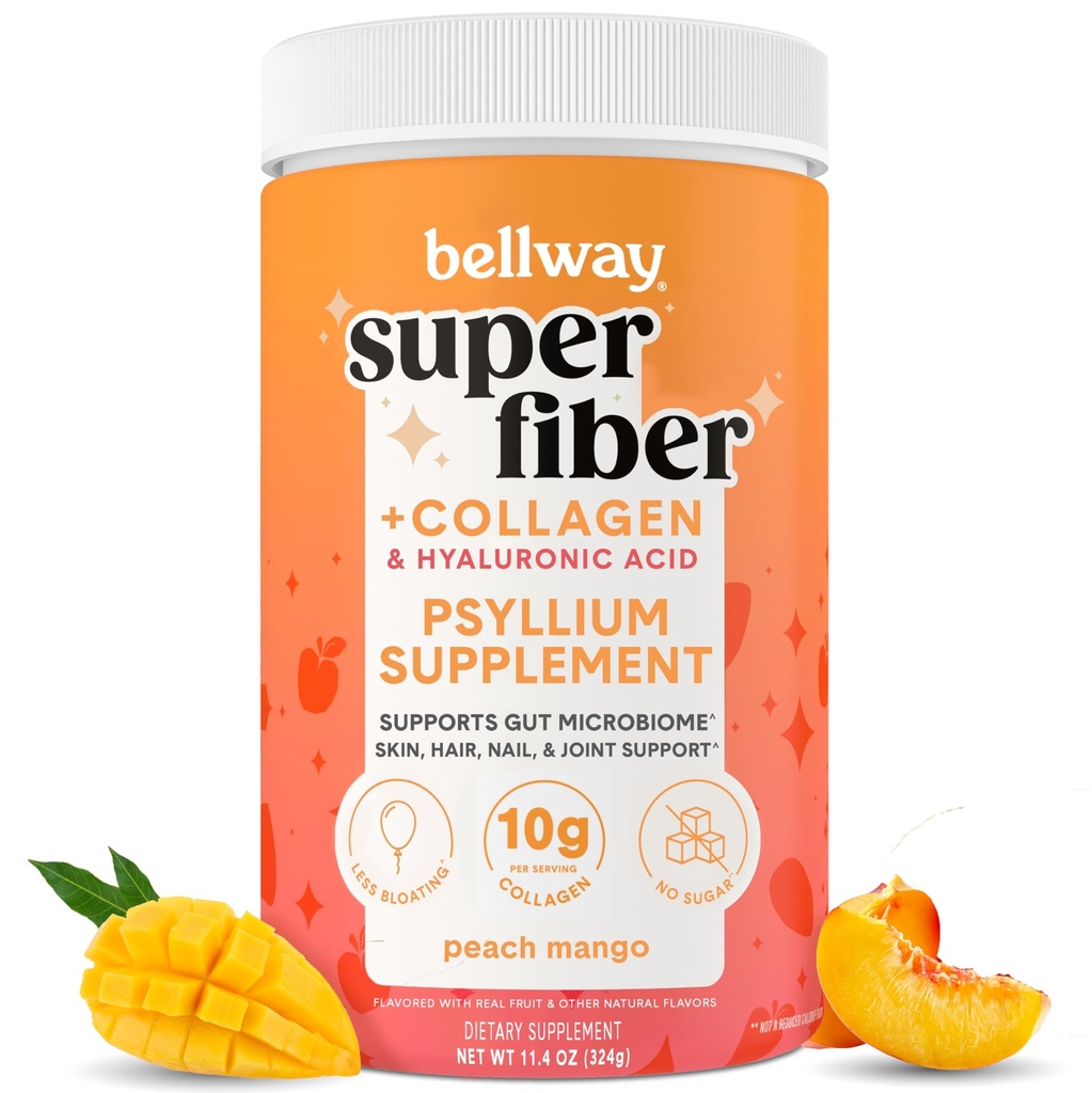 Bellway Super Fiber Powder + Collagen, Sugar-Free Psyllium Husk Powder with Collagen Peptides and Hyaluronic Acid for Digestive Health, Healthy Skin, Nails, Bones & Joints, Peach Mango (20 Servings)
