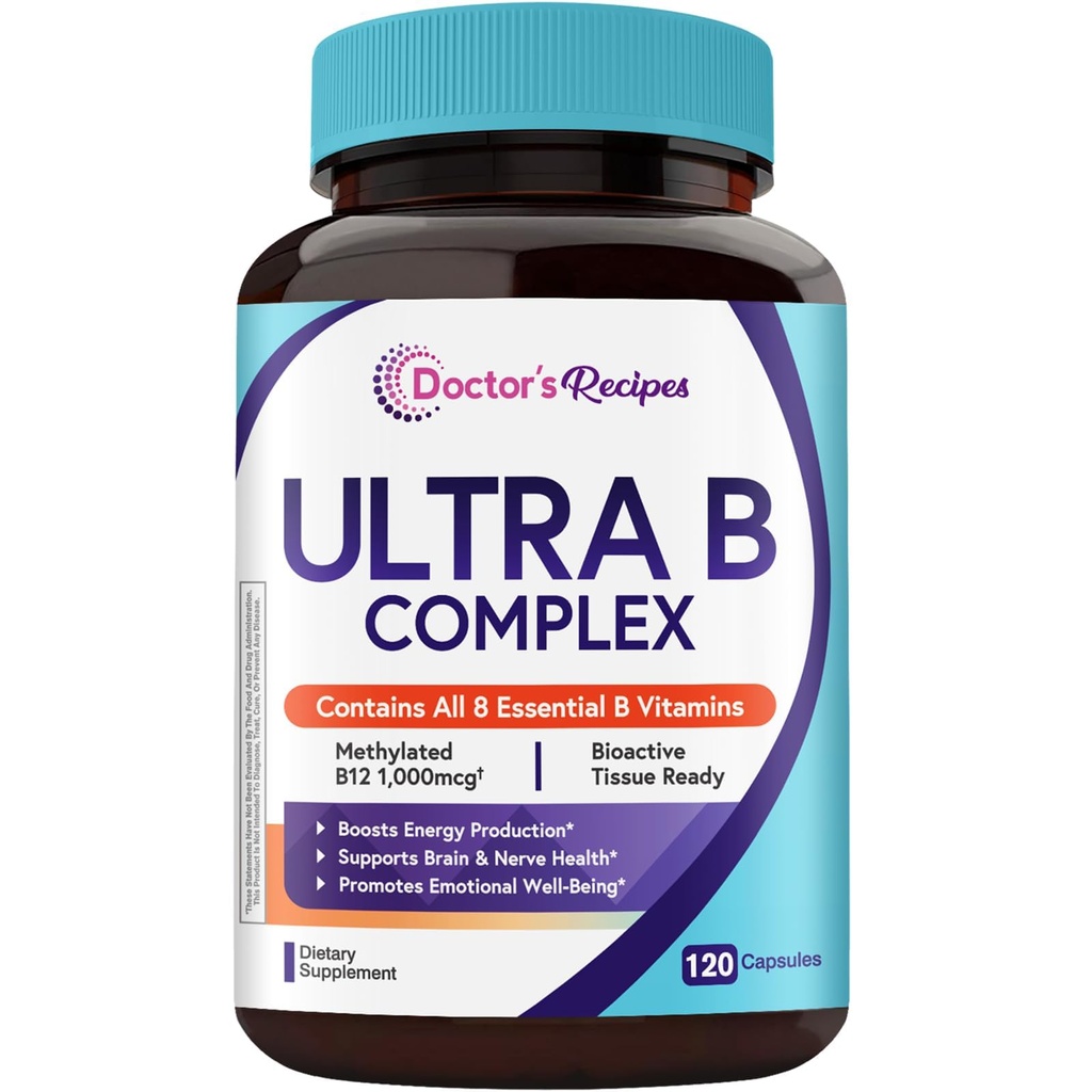 Doctor's Recipes Ultra B Complex Vitamins for Women and Men, with Methylated B12 1000mcg, B6, B1, Folic Acid, for Energy Metabolism, Nerve & Mood Support, Vegan, 120 Capsules, 60 Day Supply