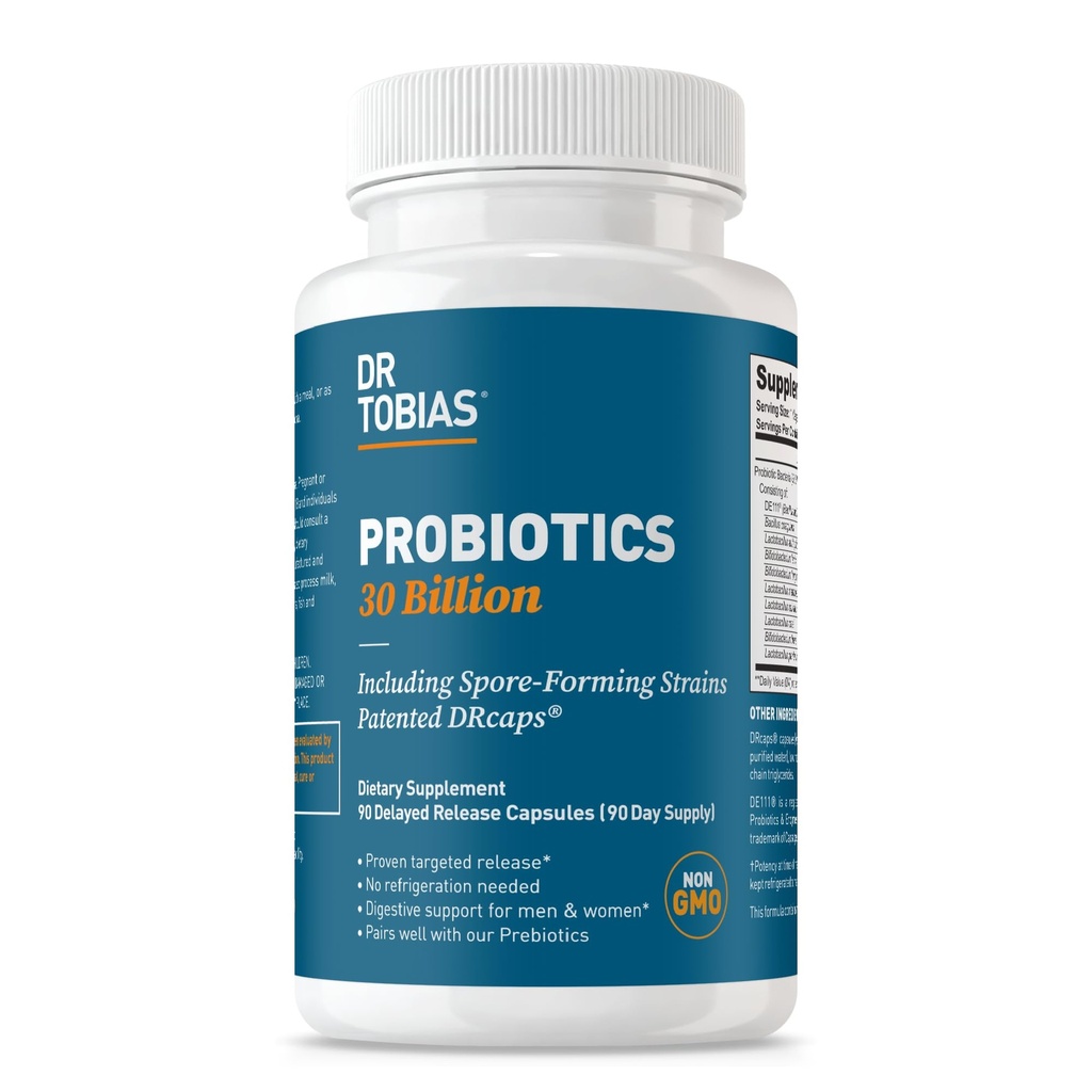 Dr. Tobias Probiotics 30 Billion, 10 Strains, 30 Billion CFU's, Targeted Release Probiotics for Women & Men, Supports Digestive Health, Shelf-Stable, Non-GMO, 90 Capsules, 90 Servings