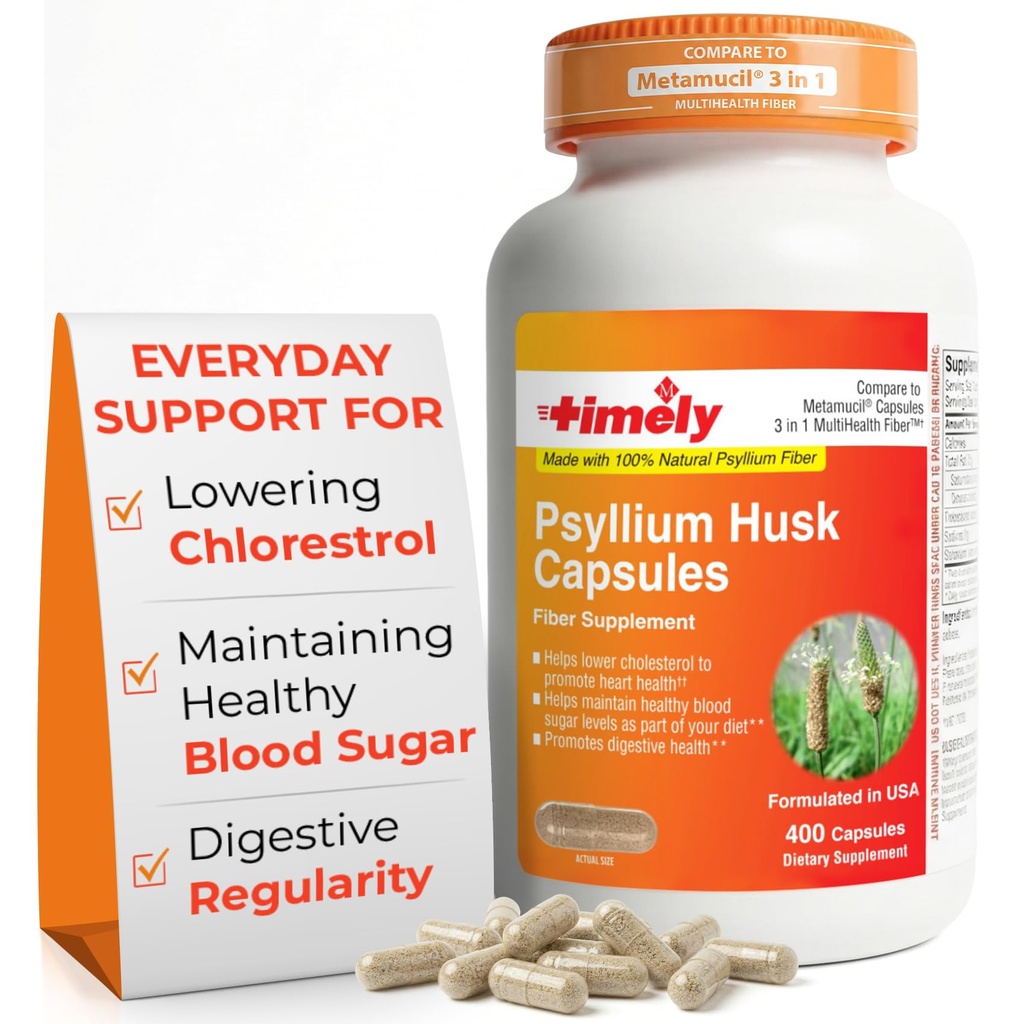 TIME-Cap Labs 400 Count Psyllium Husk Fiber Capsules - Gluten-Free, Soluble Fiber Supplement for Adults Digestive Regularity Support, Gentle Daily Fiber Support, Routine Use for Men & Women