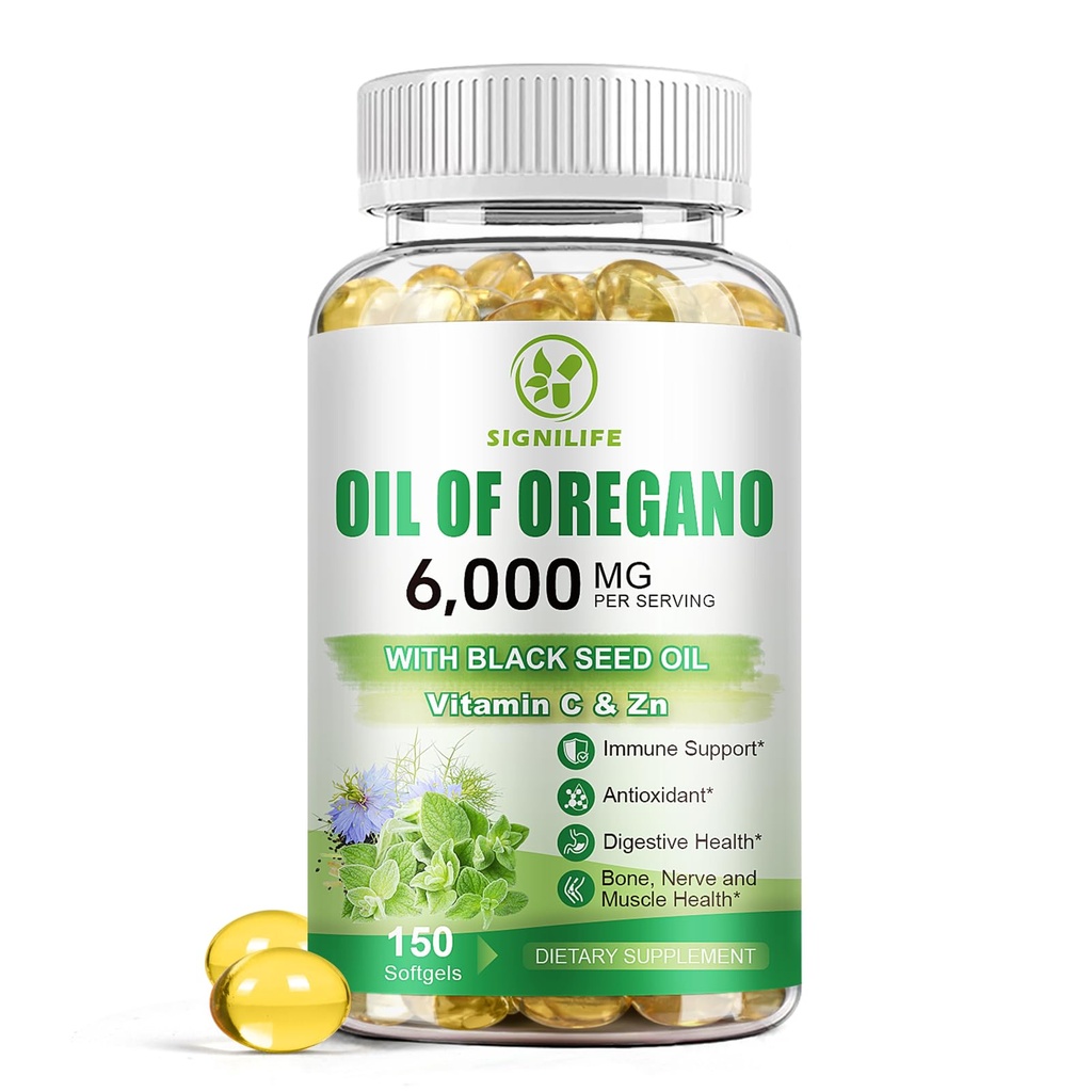Oil of Oregano with Black Seed Oil, 6000mg Oregano Oil Capsules for Immune Support with High Carvacrol & Thymoquinone, Antioxidant, Non-GMO, Gluten Free, 150 Softgels