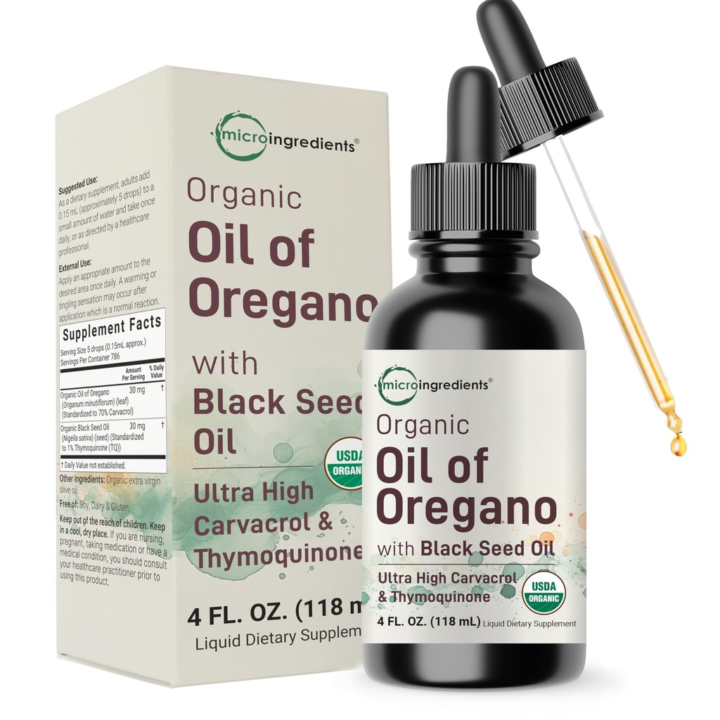 Organic Oil of Oregano with Black Seed Oil, 4 fl oz | 2-in-1 Dropper | High Potency Liquid Drops with Carvacrol & Thymoquinone | Natural Herbal Supplement | Vegan, Plant Based, Non-GMO