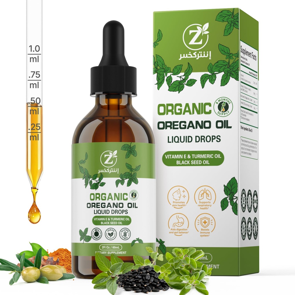 Oregano Oil Organic Drops - 80% Carvacrol, Extra Strength & Undiluted - with Black Seed Oil, Turmeric & Vitamin E - Oil of Oregano Supplement for Immune and Digestive Support - Vegan, 2 Fl Oz