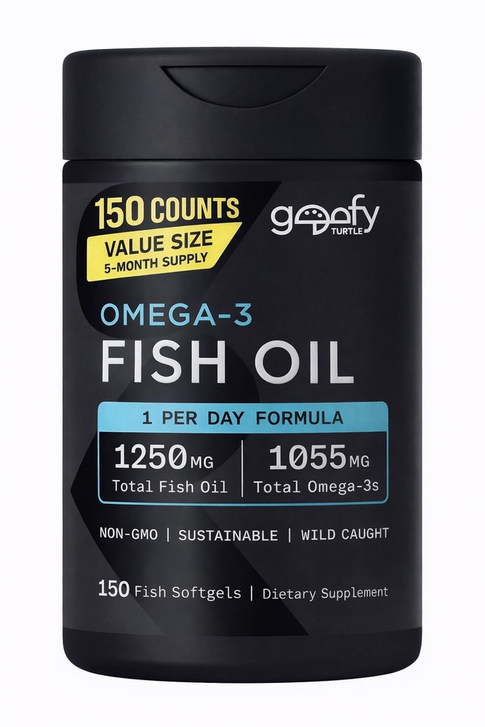Sports Omega-3 Fish Oil, Triple Strength, (150 Counts) Burp-Less Formula, 1250 mg Fish Oil, 1055mg Omega 3, 1 Softgel per Day