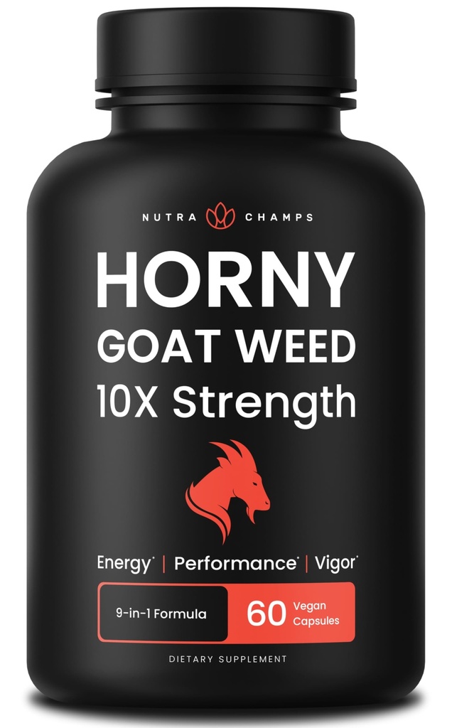 NutraChamps Horny Goat Weed, 1000mg Epimedium Energy Supplement, 10X Strength Icariin, Ginseng, Tribulus & Maca Pills for Women & Men, Enhanced Absorption with Black Pepper, 60 Vegan Capsules