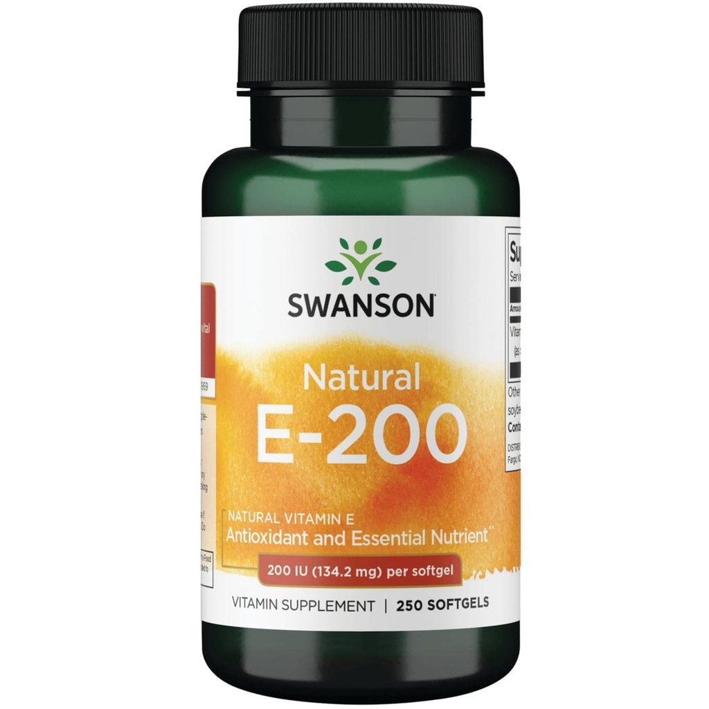 Swanson Natural Vitamin E Heart Health and Tissue Protection Supplement for Adults Seeking Antioxidant Support - 200 IU (134.2 mg) (250 Softgels)