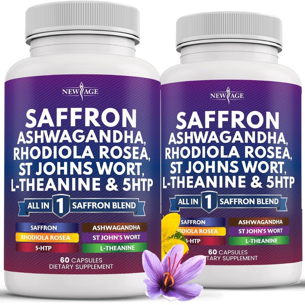NEW AGE Saffron Supplements with Ashwagandha - Support with L-Theanine, Ginkgo Biloba, St. John's Wort, Rhodiola Rosea & 5-HTP - Saffron 120 Count
