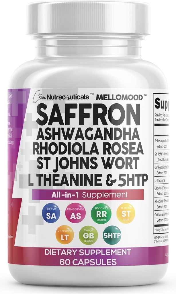Clean Nutraceuticals Saffron Supplements Extract 100mg + Ashwagandha L-Theanine 200mg - Mood Support Ginkgo Biloba, St. John's Wort, Rhodiola Rosea & 5-HTP Capsules Pills Men Women