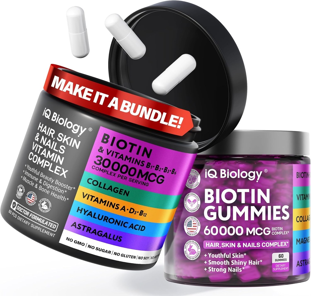 Biotin Hair Growth Bundle - Biotin Vitamins & Keratin Capsules + Hair Gummies with Collagen & Astragalus - Hair Skin Nails Vitamins for Women & Men | 60 Caps + 60 Gummies