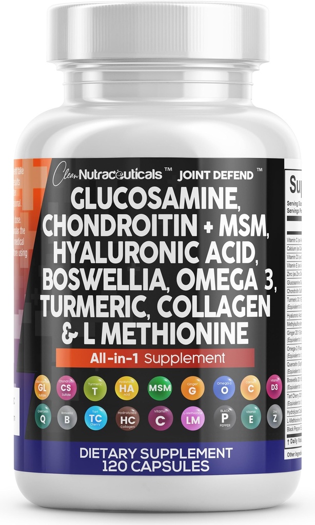 Clean Nutraceuticals Glucosamine 1500mg Chondroitin 1200mg MSM with Turmeric Curcumin, Collagen, Hyaluronic Acid, Omega 3 – Joint Health Supplement for Men & Women – Joint Complex – 120 Count