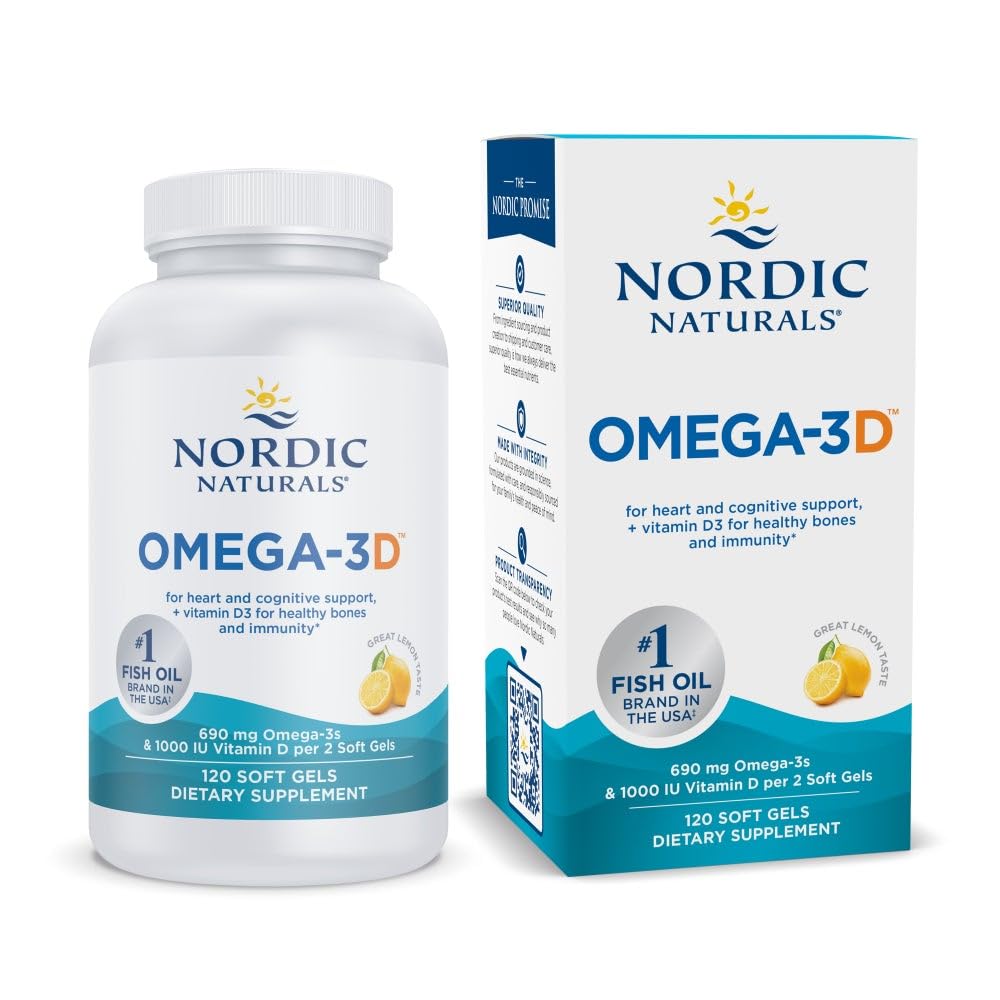 Nordic Naturals Omega-3D, Lemon Flavor - 120 Soft Gels - 690 mg Omega-3 + 1000 IU Vitamin D3 - Fish Oil - EPA & DHA - Immune Support, Brain & Heart Health, Healthy Bones - Non-GMO - 60 Servings