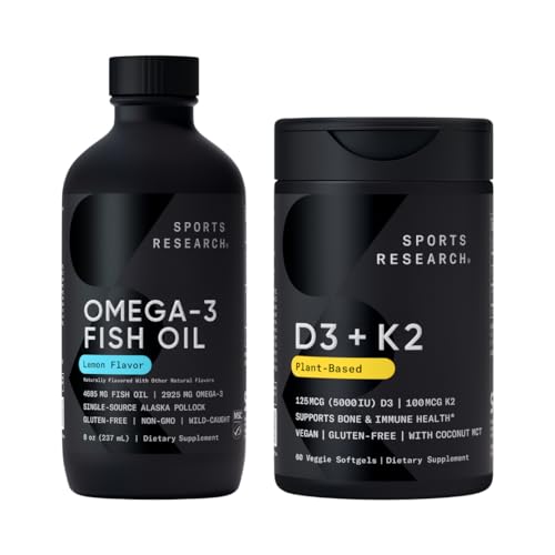 Sports Research® Ultra-Potent Liquid Omega-3 Fish Oil (8 oz) + Vegan Vitamin D 5000iu & Mk7 Vitamin K 100mcg (60 Softgels)