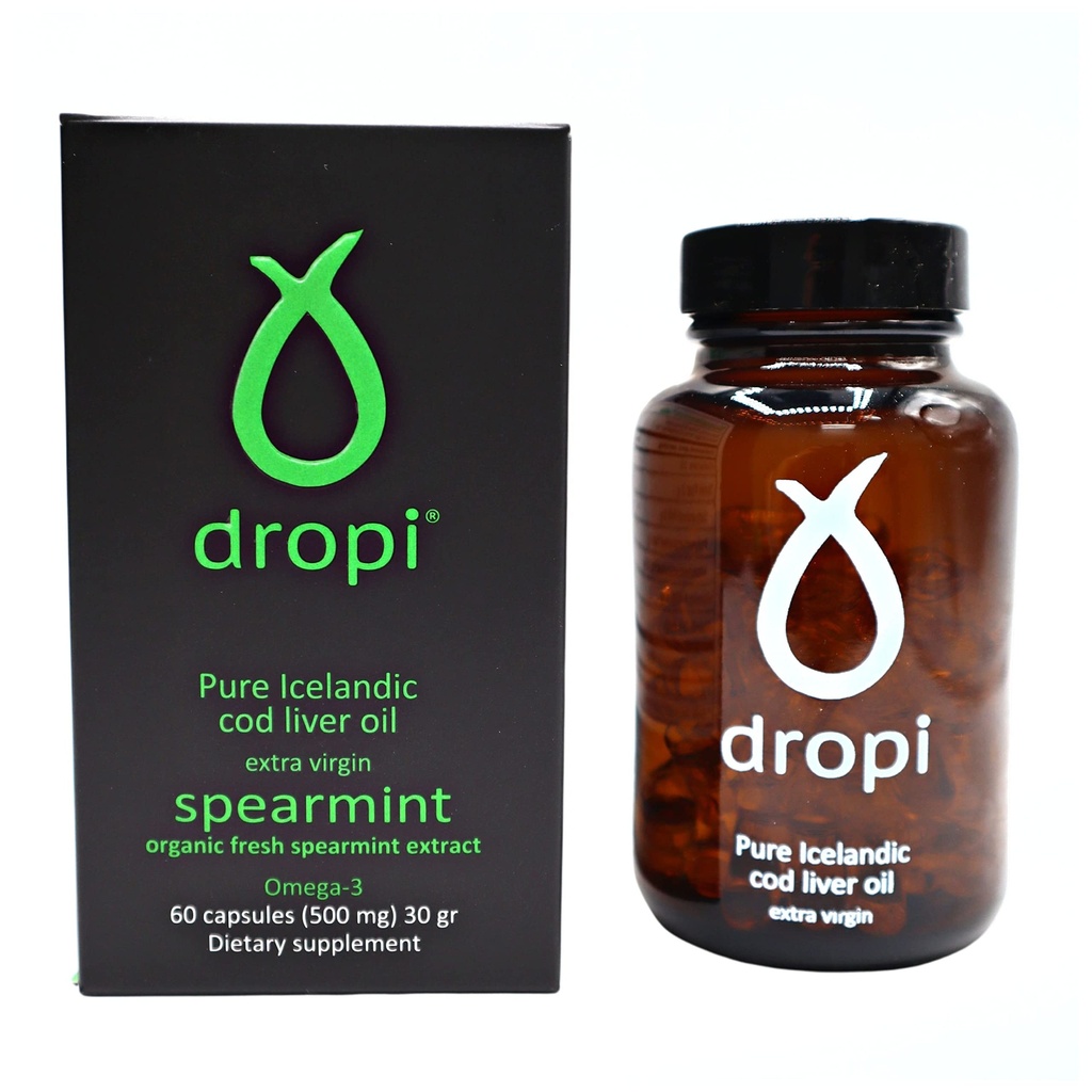 Dropi Pure Icelandic Cod Liver Oil Capsules - Extra Virgin - Organic Fresh Spearmint Extract - Cod Liver Oil Softgels Naturally Rich in Super Omega 3 Fatty Acids, Vitamin A, Vitamin D - 60 Ct (500mg)