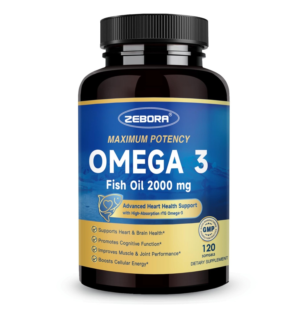 ZEBORA Omega 3 Fish Oil 2000mg - EPA & DHA Supplement with CoQ10 & Taurine - Easy to Absorb Re-esterified Triglyceride(rTG) Form - Support Heart & Immune Health, 120 Softgels