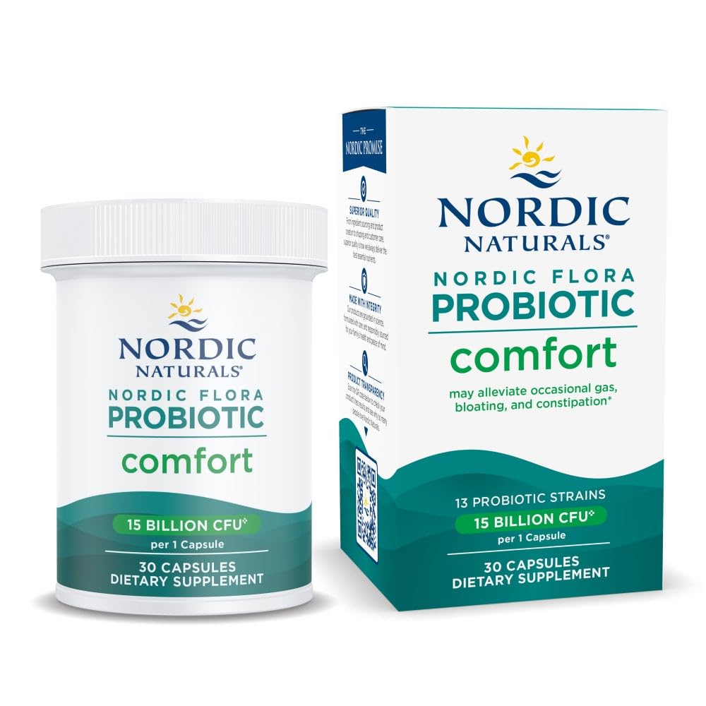 Nordic Naturals Nordic Flora Probiotic Comfort - 30 Capsules - 13 Probiotic Strains w/ 15 Billion Cultures - Supports Regularity & Digestive Comfort, Alleviates Bloating - Non-GMO, Vegan - 30 Servings