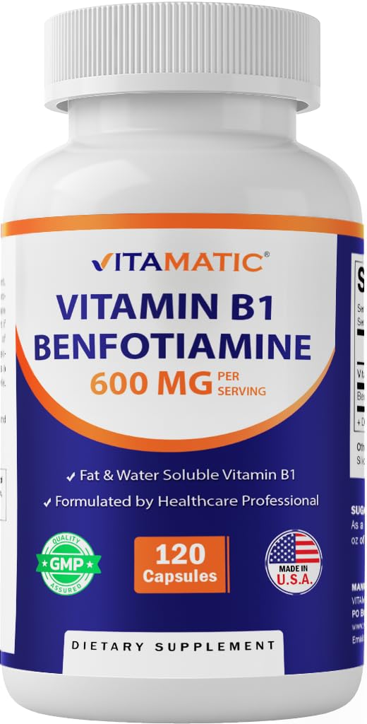 Vitamatic Benfotiamine 300mg + Vitamin B1 300 mg - 120 Vegetable Capsules - Made in the USA - Gluten Free - Non-GMO