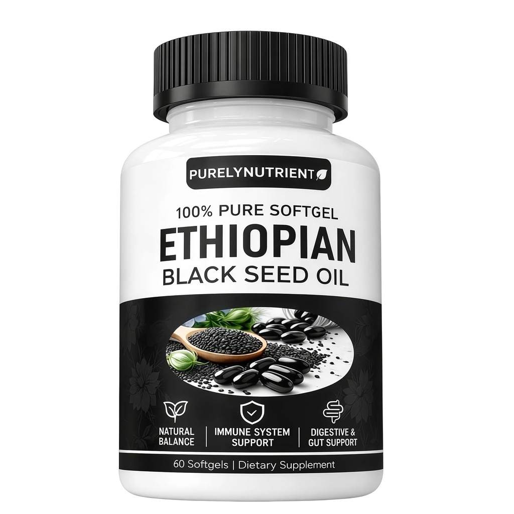 Ethiopian Black Seed Oil Softgels | Ethiopian Black Seed Oil Organic Cold Pressed | 4.64% Thymoquinone | Non-GMO, Gluten-Free,60 Capsules
