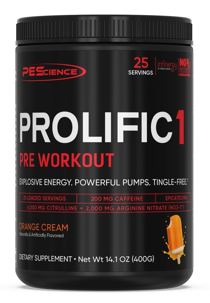 PEScience Prolific-1 Pre Workout Powder for Men & Women with L-Citrulline, Nitric Oxide Booster, Energy Powder & Nootropic for Focus, Preworkout Without Beta Alanine – 25 Scoops, Orange Cream