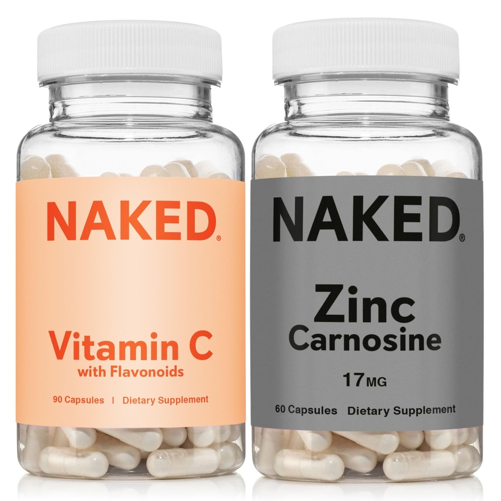NAKED Zinc Carnosine 17mg (60 Capsules) Vitamin C 500mg (90 Capsules) – Vegan; Non-GMO; Gluten Free; Daily Immune and Stomach Support