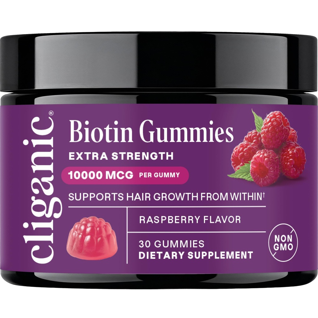 Cliganic Biotin Gummies Extra Strength – 10,000 mcg Biotin per Gummy, Raspberry Flavored Supplement for Men & Women, Non-GMO, Supports Hair Growth and Strong, Healthy Hair, Nails & Skin, 30 Count