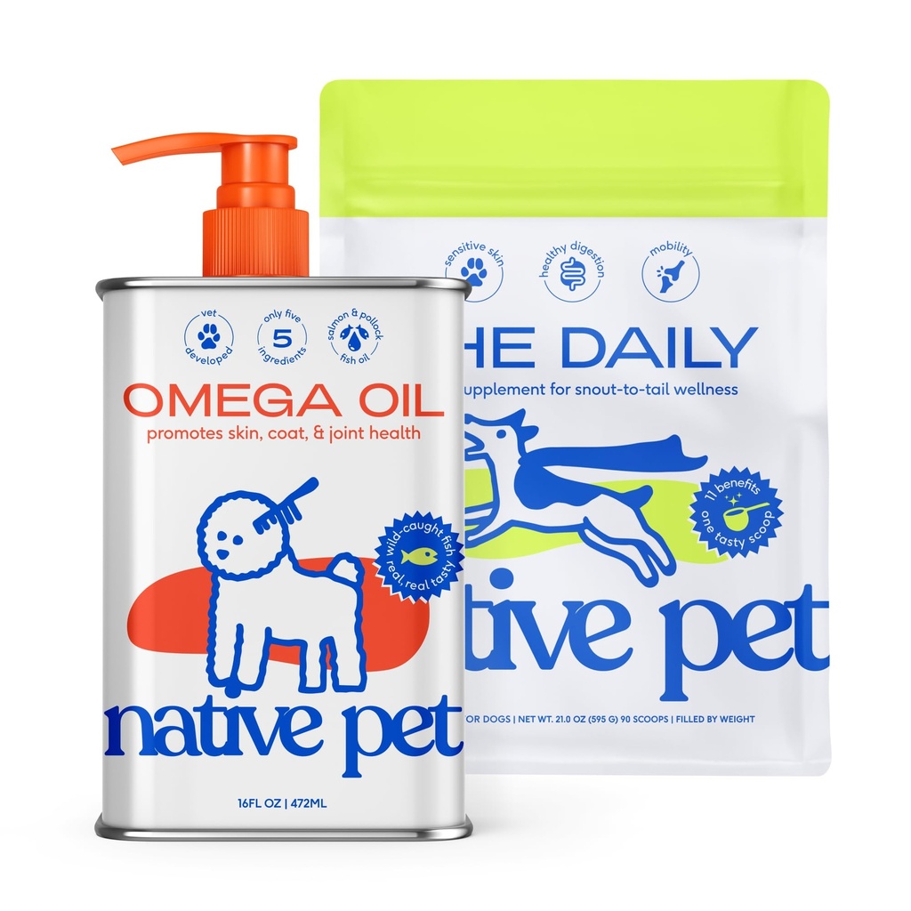 Native Pet Pack Leaders Bundle - Daily Multivitamin (21 oz.) & Omega Oil for Dogs (16 oz.) - Omega 3 Fish Oil for Healthy Skin, Shiny Coat, & Strong Joints & Daily Multivitamin for Dogs
