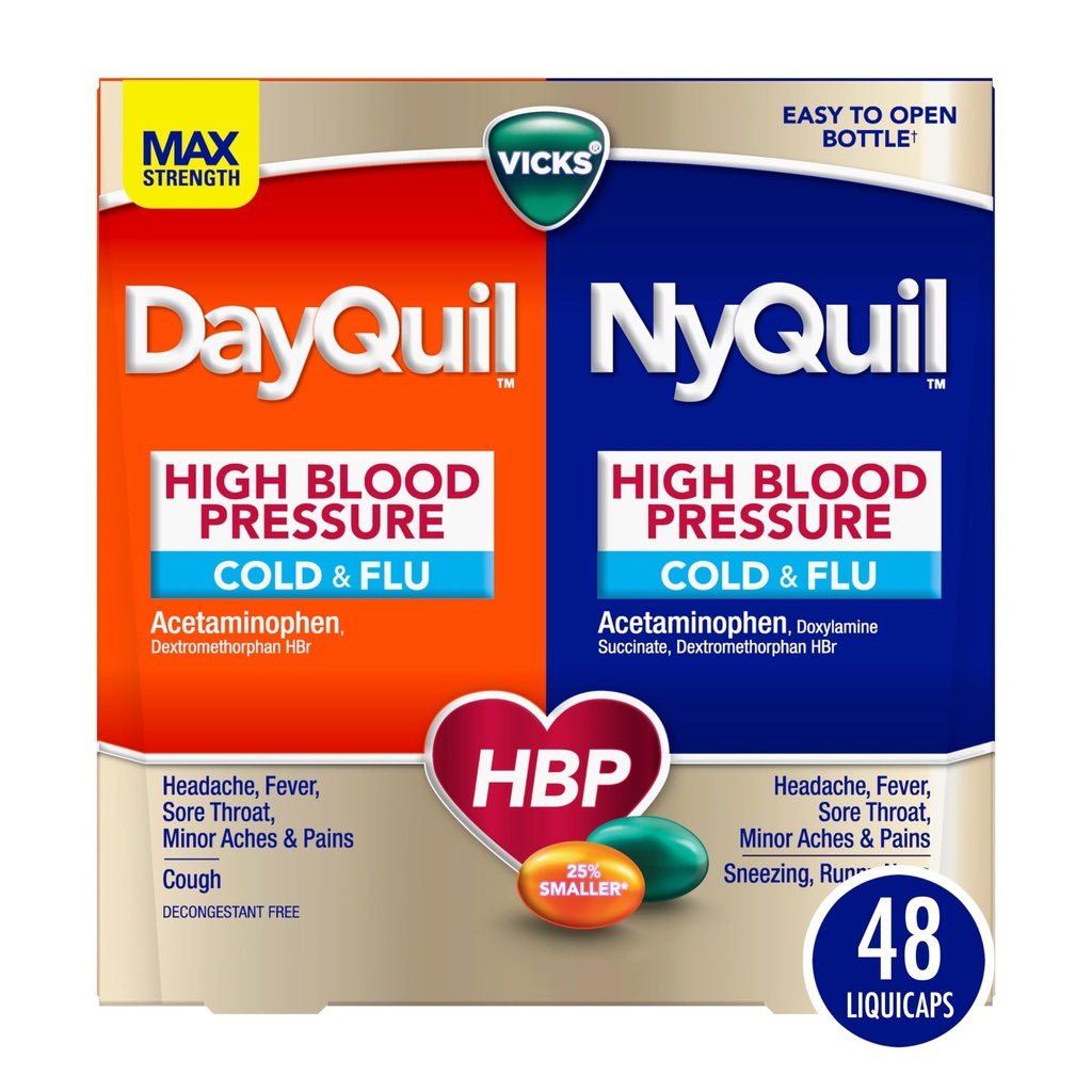 VICKS DayQuil & NyQuil High Blood Pressure Cold & Flu Relief Liquicap 48ct Co-Pack, Powerful Multi Symptom Daytime & Nighttime Medicine for Cold, Cough, and Flu Symptoms, 24ct DayQuil, 24ct NyQuil