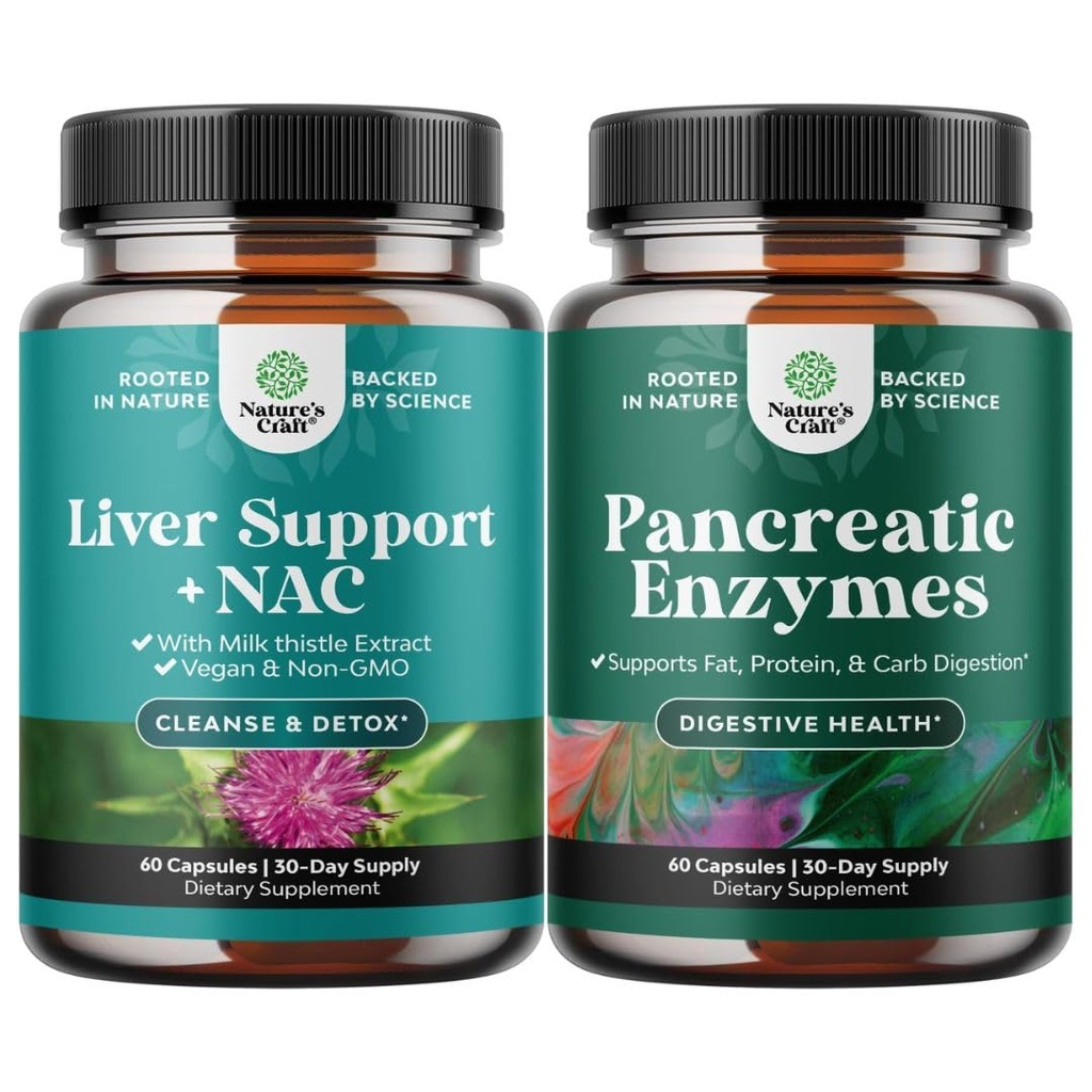 Bundle of Liver Support NAC - N Acetyl Cysteine with Antioxidants Turmeric Choline Dandelion & L-Glutathione and Pancreatin Digestive Enzymes Digestion for Gut Health with Protease Lipase & Amylase