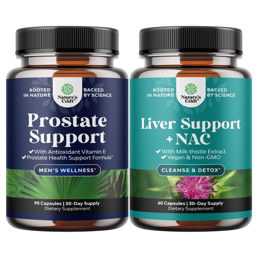 Bundle of Herbal Prostate Supplement for Men - Potent Pygeum Saw Palmetto Extract Beta Sitosterol & Green Tea and Liver Support NAC Supplement with Milk Thistle for Liver Cleanse Detox & Repair