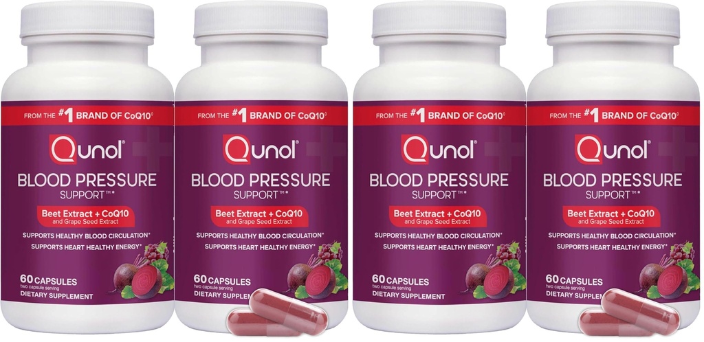 Qunol Blood Pressure Support, 3 in 1 Beets + CoQ10 + Grape Seed Extract, Beet Root Capsules that Supports Healthy Blood Circulation & Heart Healthy Energy, 120 Count (Pack of 2)