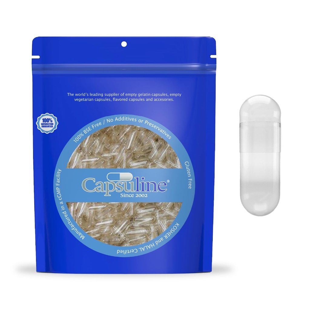 Capsuline Size 000 Empty Gelatin Capsules, Clear - 1000 Count | Gluten Free, Kosher, Non-GMO Certified | Pure Bovine Pill Caps for DIY Supplement Filling