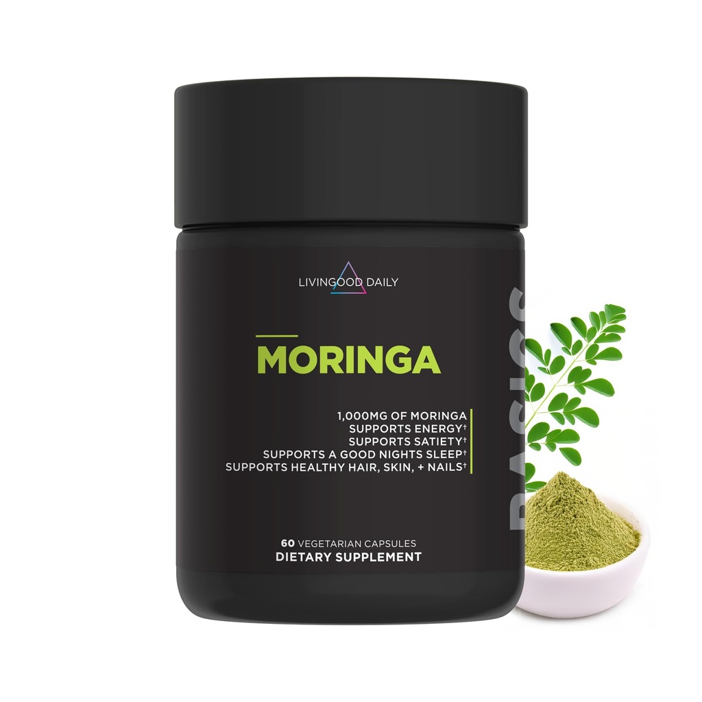Livingood Daily Moringa Capsules, Moringa Supplement for Energy, Sleep, Satiety, Hair, Skin, Nails & Wellness, Plant Based Vegetarian, Gluten Free, Non GMO, Vegan, Daily Greens Superfood, 60 Capsules