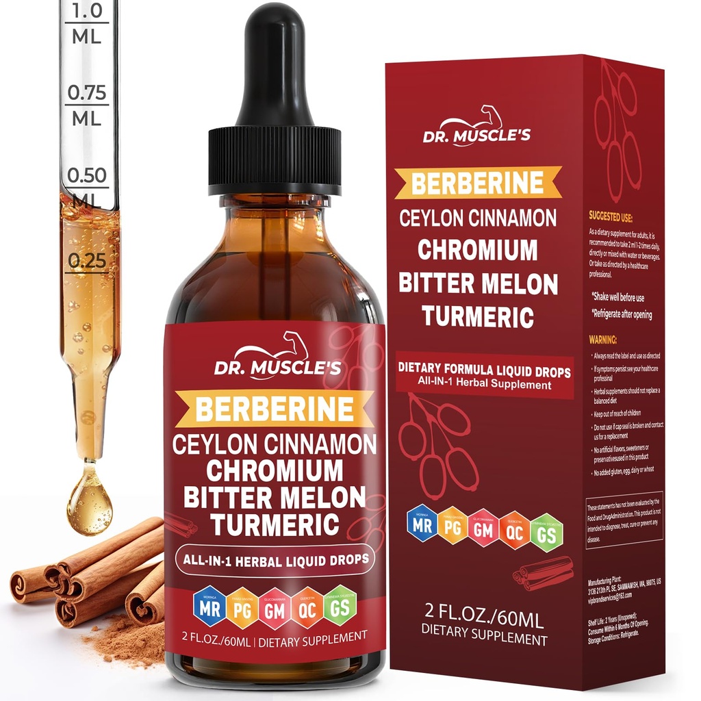 Berberine with Ceylon Cinnamon - Berberine Supplement Liquid Drops with Turmeric, Moringa, Bitter Melon, Chromium, Gymnema - Daily Dietary Supplement for Adults, 2 FL OZ - Vegetarian