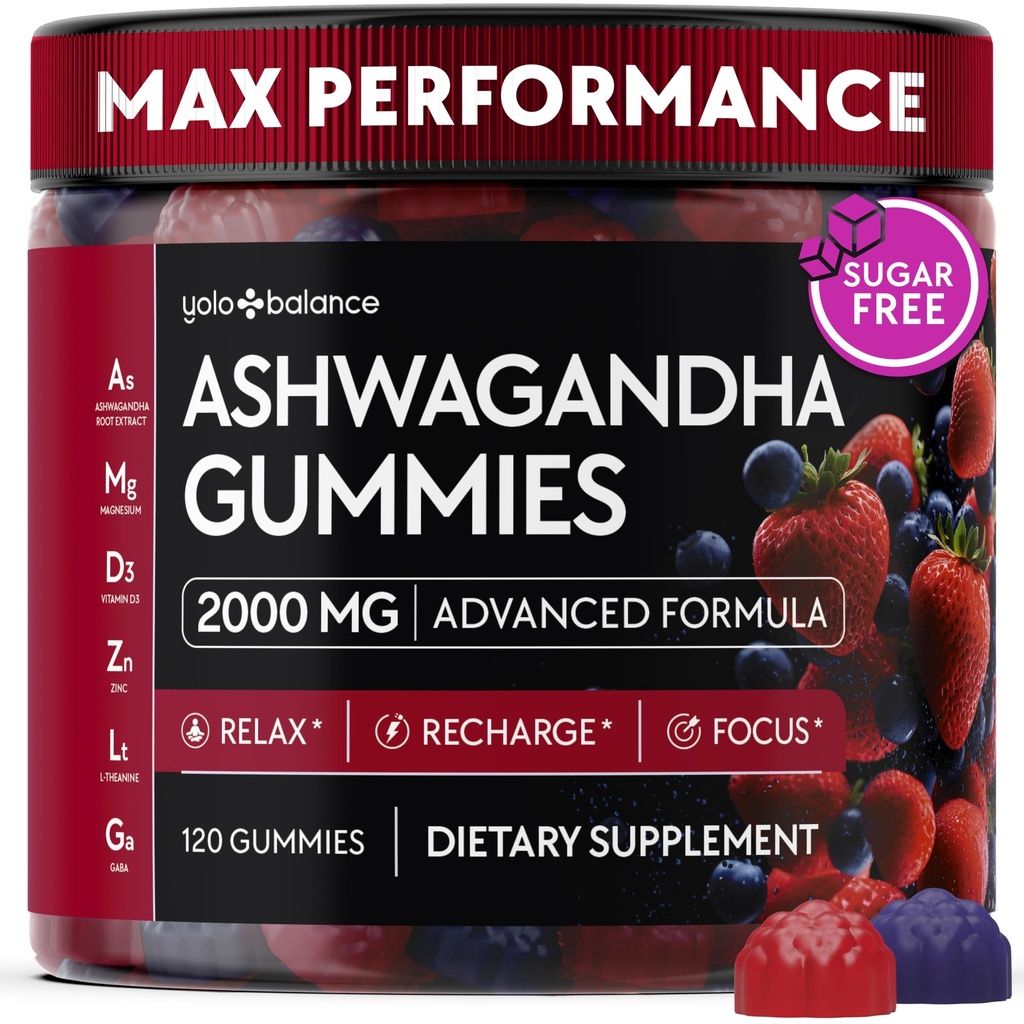 Ashwagandha Gummies – 120 Count - 2000 MG Ashwagandha Supplements with L-Theanine, GABA, Magnesium, Zinc & Vitamin D3 – Sugar-Free, Vegan, Non-GMO–Natural Support for Balance