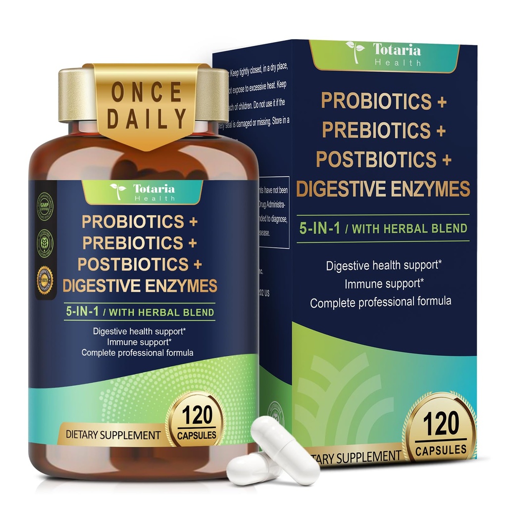 Totaria 5-in-1 60 Billion CFU Probiotic Prebiotic & Postbiotic for Women & Men, w/Digestive Enzymes, Slippery Elm, Daily Complete Gut Health, Digestive & Immune Support, 4 Month Supply, Vegan