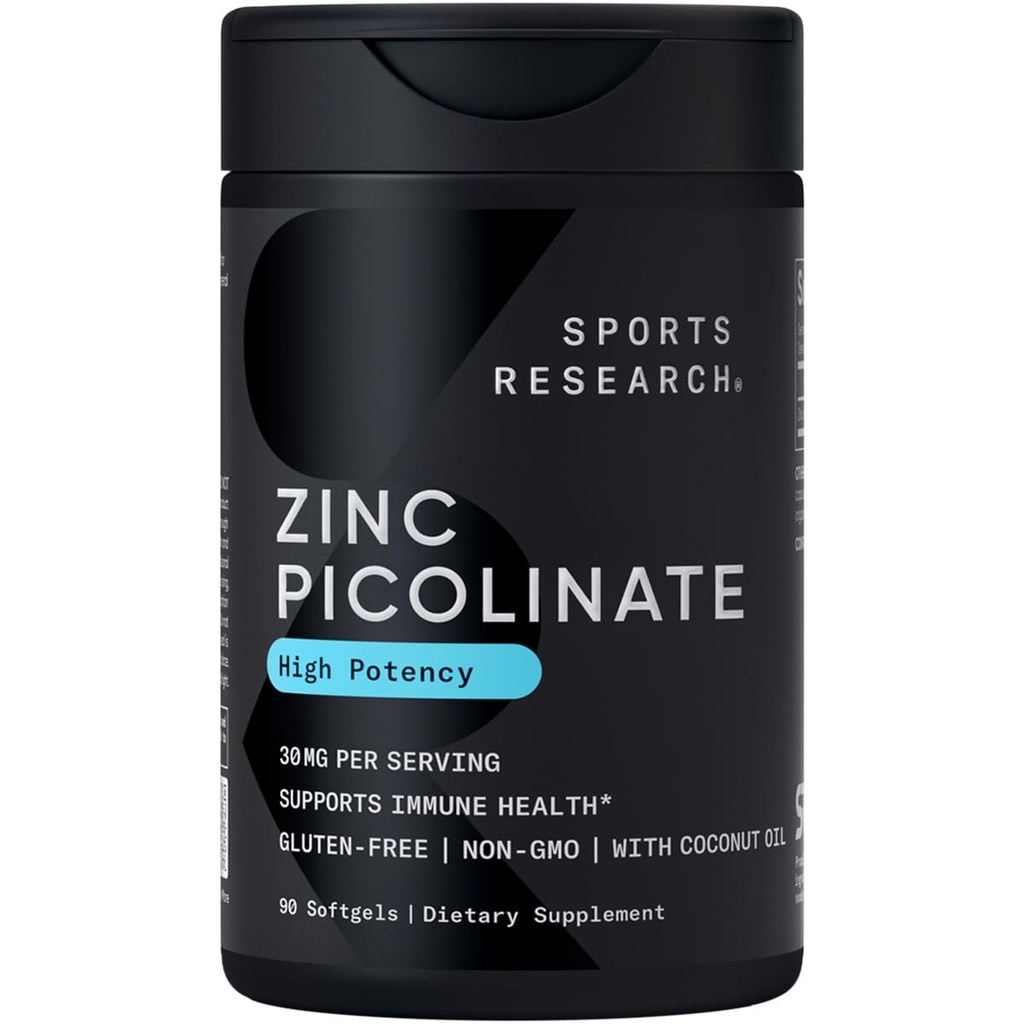 Sports Research® Zinc Picolinate 30mg w/Organic Coconut Oil, 90 Softgels