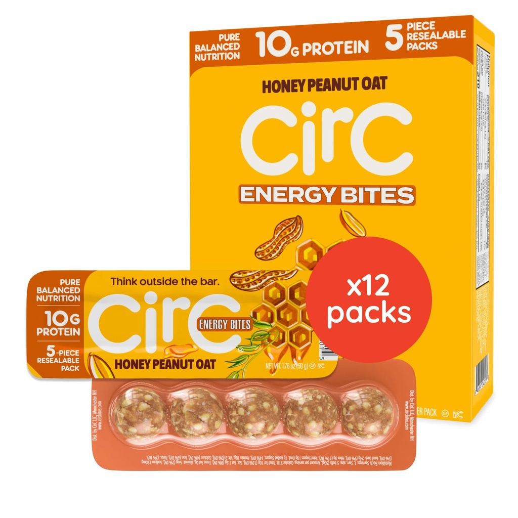 CirC Energy Bites - 12 Pack Honey Peanut Oat Gluten Free Protein Balls - 10g Protein, Whole Grains, Nuts & Fruit - Portable Healthy Snacks for Adults & Kids, 5 Piece Resealable Packs