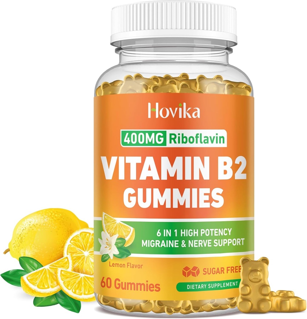 Vitamin B2 Gummies Riboflavin 400mg Supplement for Men & Women - Pure Magnesium, Ashwagandha, CoQ10, Omega 3, Vitamin B12 - Migraine Relief & Energy, Nervous System Support - Sugar Free, 60 Count